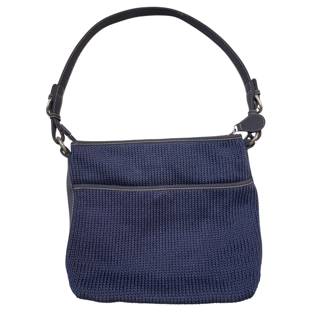 The Sak Navy Blue Crochet Shoulder Bag Zip Top Hobo Purse Harlequin Lining - Picture 2 of 10